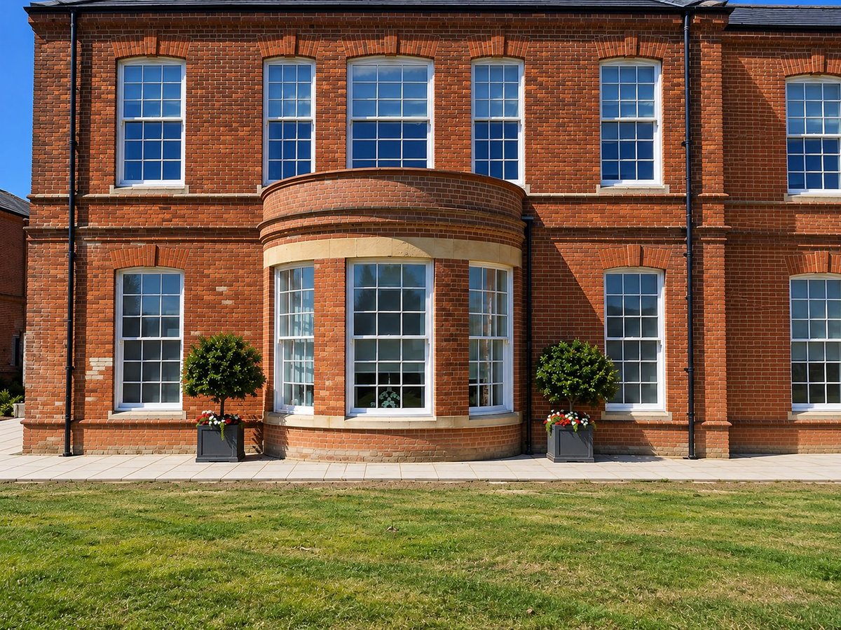 Red brick Victorian mansion with multiple sash windows and curved bay window section, flanked by two potted plants on manicured lawn